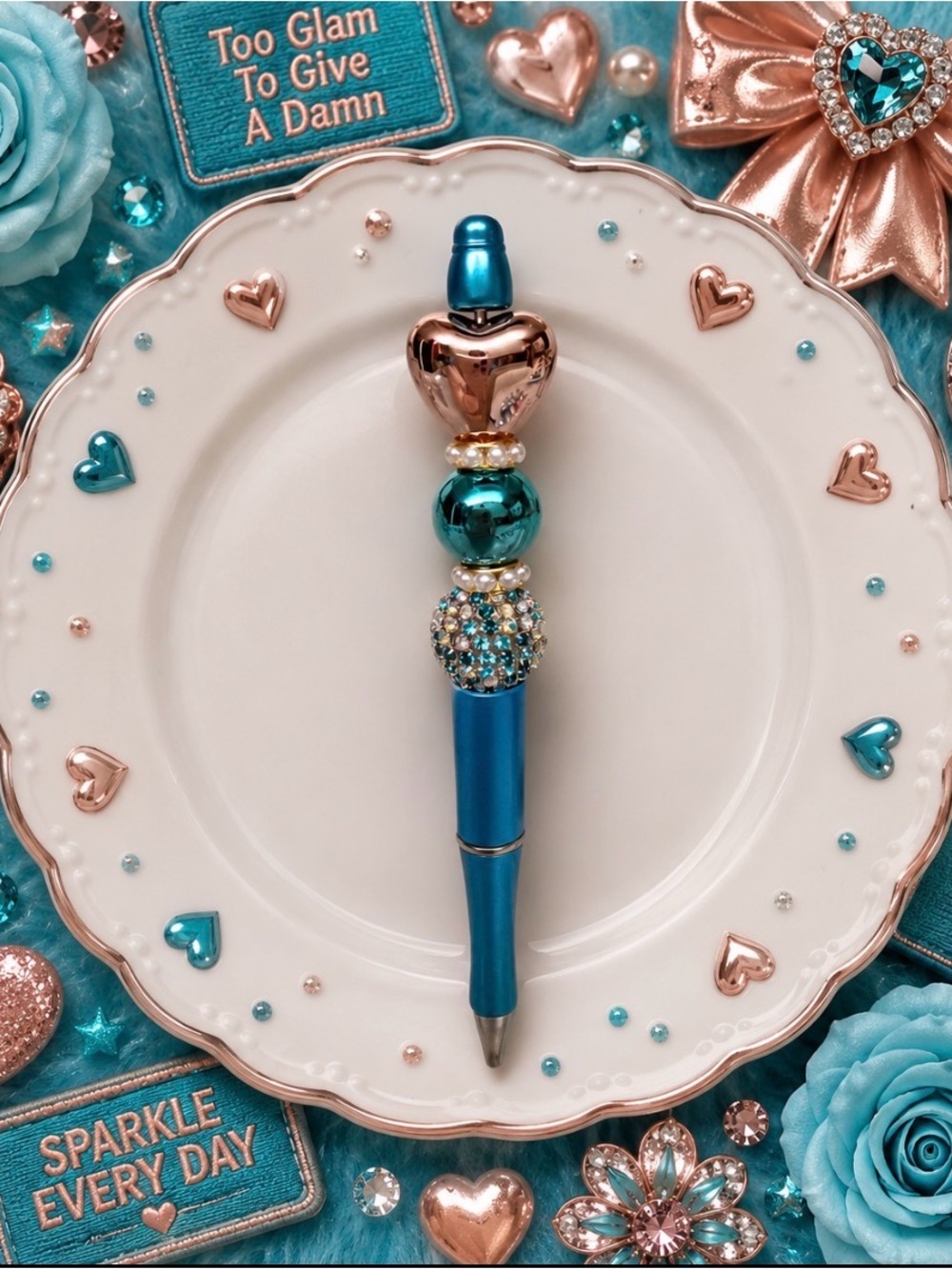 Handmade Luxury Teal and Rose Gold Decorative Ballpoint Pen